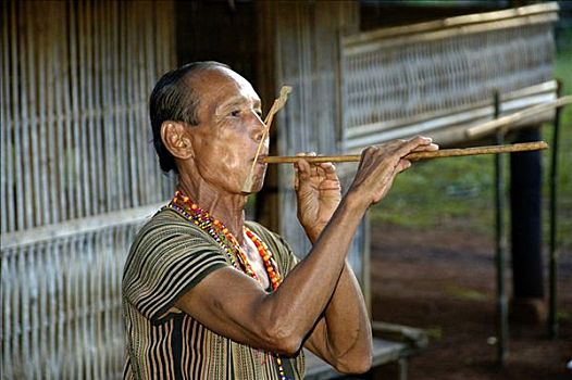 地方特色,男人,少数民族,乡村,笛子,靠近,老挝