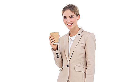 微笑,职业女性,拿着,咖啡杯,白色背景