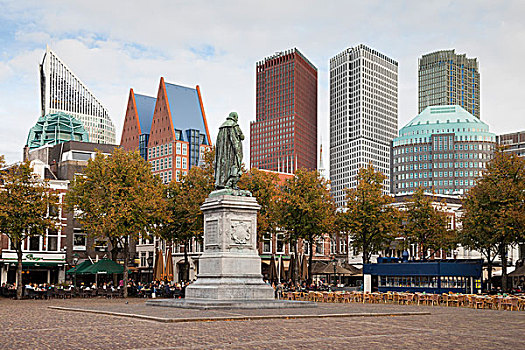 广场,雕塑,橙色,摩天大楼,背影,海牙,荷兰,欧洲