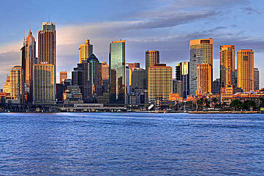 风景,悉尼,小湾,日出,环形码头,港口,天际线,中央商务区,新南威尔士,澳大利亚