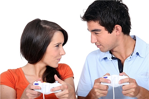 两个,年轻人,玩,电脑游戏
