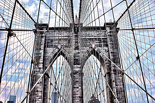 布鲁克林大桥,纽约,线缆,拱,蓝天,亮光,云