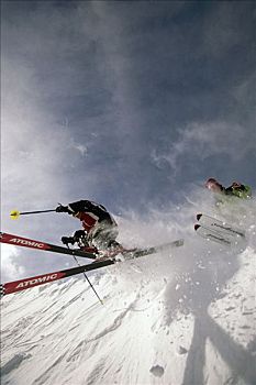 下坡,滑雪者,新雪,天空,胜地,蒙大拿,冬天