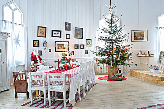 喜庆,装饰,餐桌,圣诞树,室内,斯堪的纳维亚,木屋