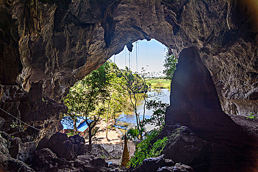 洞穴,柠檬,石头,背影,出口,湖,克伦邦,缅甸