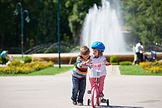 男孩,女孩,公园,学习,乘,自行车