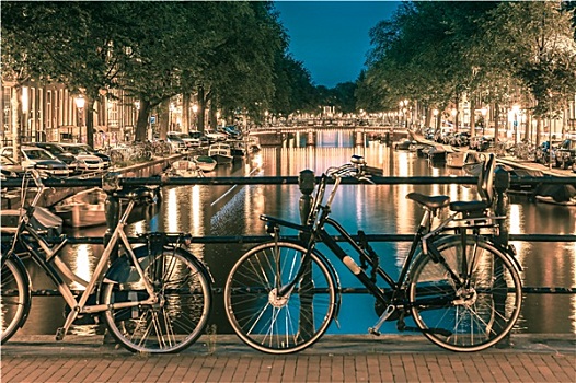 夜晚,光亮,阿姆斯特丹,运河,桥