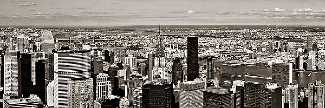 纽约,曼哈顿,东方,侧面视角,全景,摩天大楼,东河,黑白
