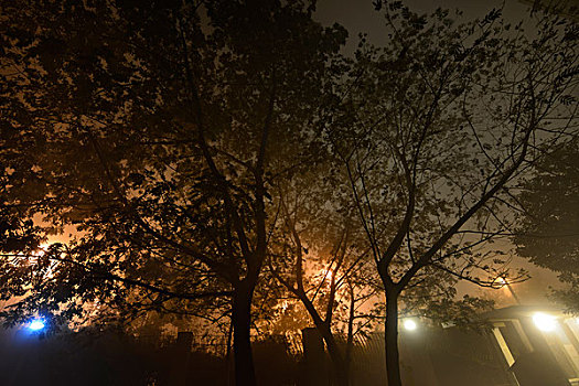 雾霾,大雾,浓雾,夜晚,深夜,住宅区,小区,灯光,路灯,树木,马路,街道,小巷,车灯