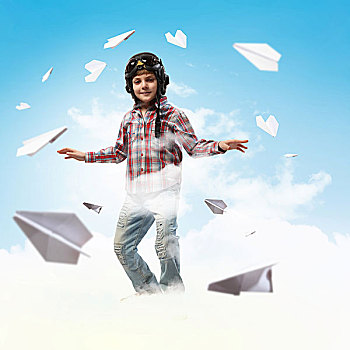 图像,小男孩,飞行员,头盔,纸飞机,背景