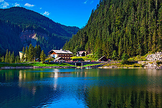 阿尔卑斯山,山景,湖,房子,前景