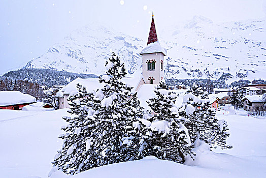 雪景,特色,教堂,格劳宾登,恩格达恩,瑞士,欧洲