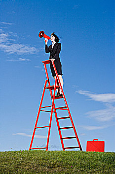 职业女性,红色,公文包,站立,上面,梯子,草丛,土地,叫,扩音器