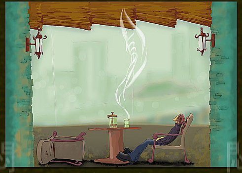 卡通插画,椅子,坐着,棕色长发男子,壶,杯子,热气,灯,草帘,闷
