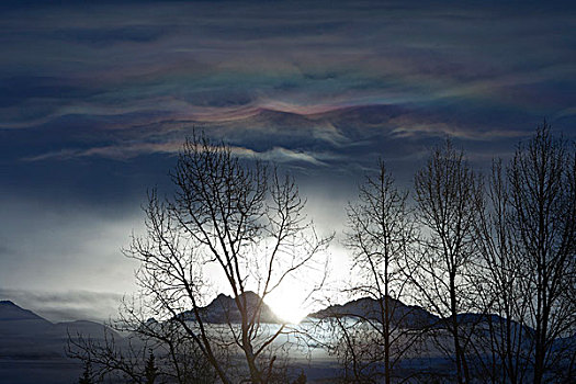色彩斑斓,云,冰,雾,看,低,阳光,上方,楚加奇山,阿拉斯加,冬天