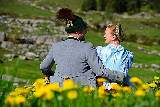 情侣,巴伐利亚,传统服装,坐,花,草地,后视图,后面,德国,欧洲