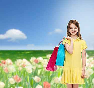 购物,高兴,人,概念,微笑,小女孩,黄色,服装,购物袋
