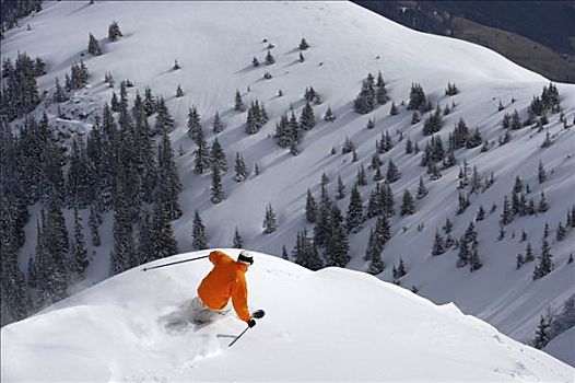 男人,滑雪,雪,山,斜坡,俯视