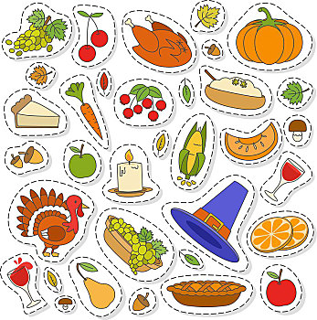 可爱,感恩节,象征,彩色,设计,秋天,给,感谢,小块土地,季节,南瓜,蔬菜,枫叶,烤火鸡,朝圣,帽子