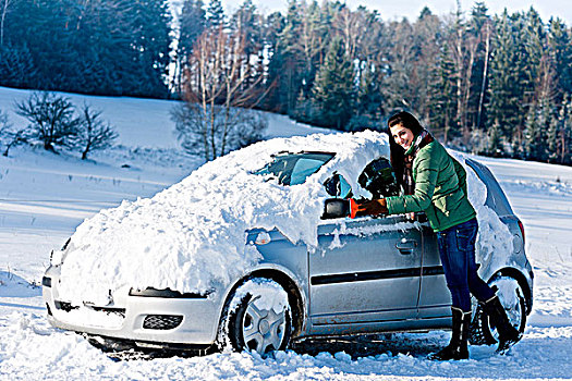 冬天,汽车,女人,雪,挡风玻璃,冰,刮刀