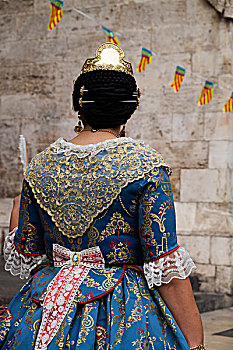 背面视角,女人,传统服饰,瓦伦西亚,西班牙