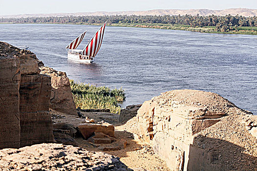 遗址,船,红色,白色,帆,尼罗河,埃及