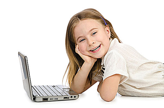可爱,女孩,笔记本电脑,白色背景
