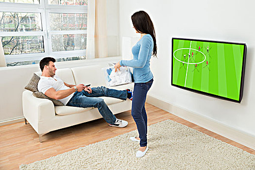 女人,看,男人,足球赛,电视