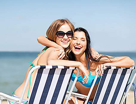 暑假,度假,女孩,比基尼,日光浴,沙滩椅
