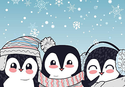 有趣,企鹅,矢量,插画,设计,三个,帽子,围巾,耳罩,微笑,蓝色背景,背景,雪花,寒假,心情,书本,贺卡
