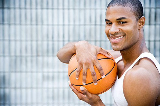 头像,微笑,年轻,美国黑人,拿着,篮球
