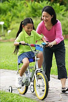女孩,骑自行车,母亲,引导