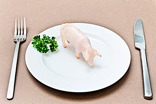 动物形象,猪,食物,盘子,叉子,刀,餐具