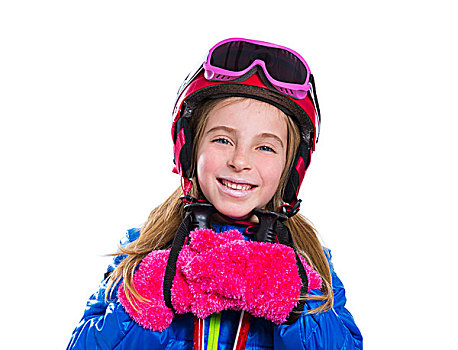 金发,儿童,女孩,高兴,雪,滑雪杖,头盔,护目镜