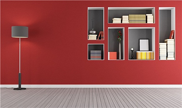 红色,空,客厅,书架