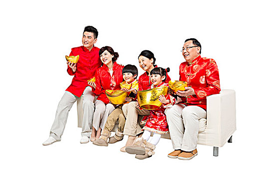 棚拍中國新年快樂的唐裝家庭