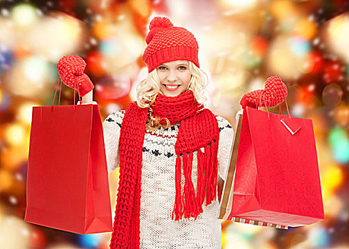 休假,销售,购物,圣诞节,概念,美女,少女,冬天,衣服,购物袋