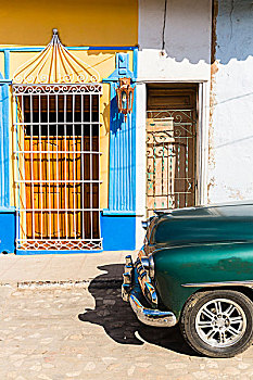 老爷车,鹅卵石,街道,彩色,墙壁,房子,世界遗产,特立尼达,古巴