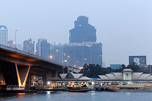 桥,中心,码头,湄南河,黎明,曼谷,泰国,亚洲