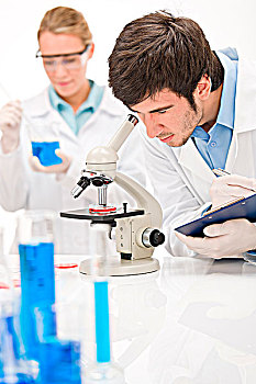 实验,科学家,实验室,显微镜,穿戴,防护眼镜