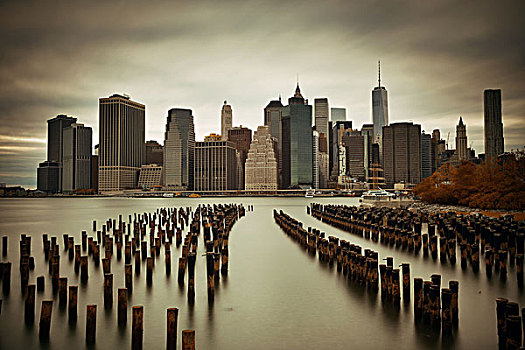 曼哈顿,金融区,摩天大楼,码头,上方,东河