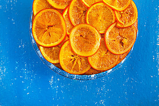 橘子蛋糕,蓝色,表面,看,俯视