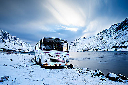 老,巴士,雪,海滩,罗弗敦群岛,挪威,欧洲