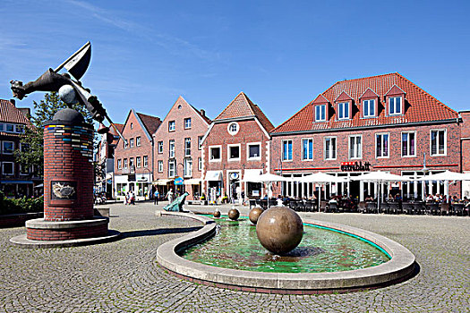 商业建筑,喷泉,明斯特地区,北莱茵威斯特伐利亚,德国,欧洲