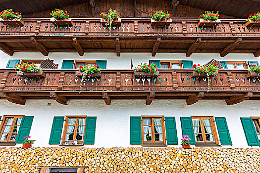 传统建筑,木质,露台,窗户,城镇,米滕瓦尔德,巴伐利亚,德国