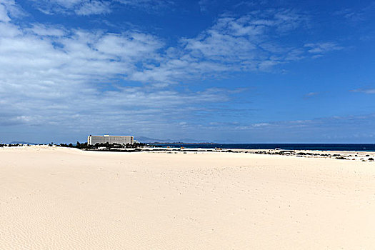 白沙,沙丘,科拉莱霍,自然公园,后面,酒店,富埃特文图拉岛,加纳利群岛,西班牙,欧洲
