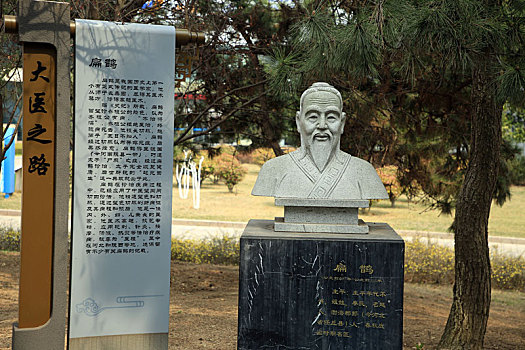 古代医学家雕塑庄重肃穆,成为健康公园里的独特景观