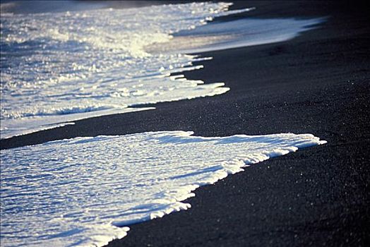 夏威夷,黑沙,海滩,白色,泡沫,水,海岸线