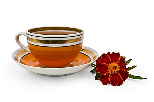 茶,杯子,橙色,万寿菊