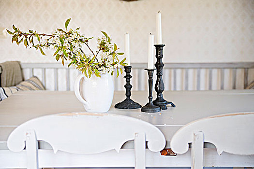 枝条,叶子,瓷瓶,烛台,桌上,后面,弯曲,厨房,椅子